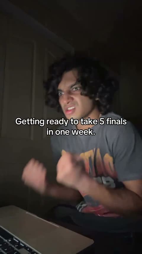 Creator at a laptop with the caption: Getting ready to take 5 finals in one week